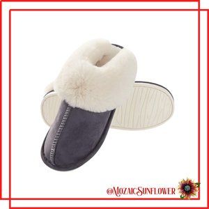 NEW Unisex Grey Sueded Slippers Faux Fur Plush Fleece Flex Rubber Sole